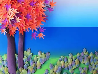 红色枫树山坡卡通海报背景