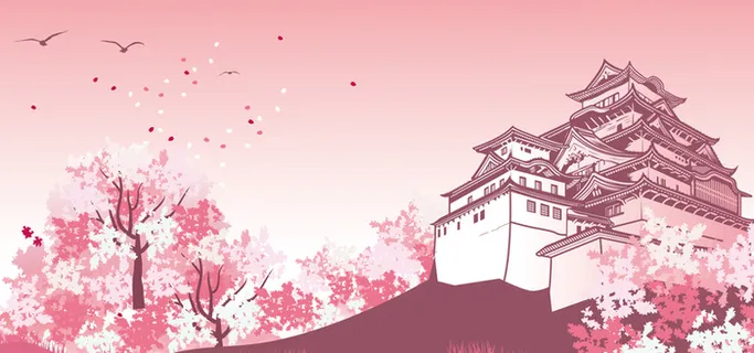 日本建筑水墨画渐变大雁樱花背景高清