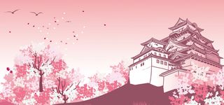 日本建筑水墨画渐变大雁樱花背景高清