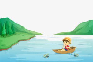 山间河水划船的男孩免抠