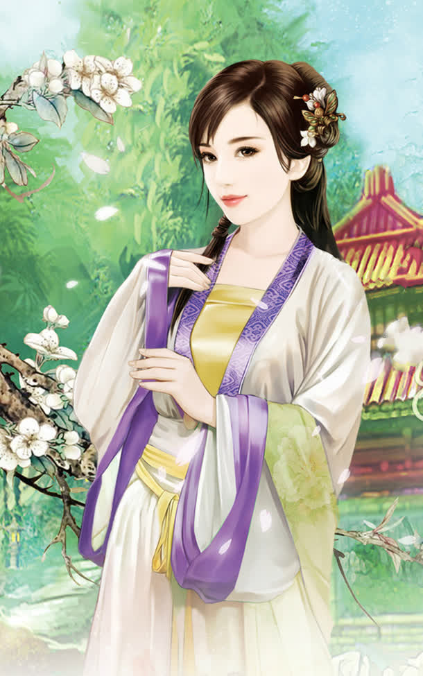 手绘树林里的美女免抠