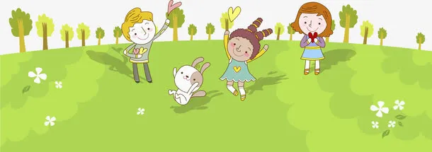 三个小孩和一个宠物在公园玩耍免抠