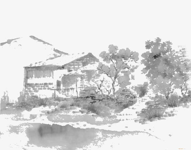 水彩墨房子免抠