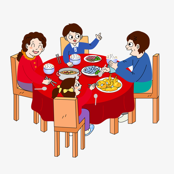 卡通新年团聚的一家人免抠