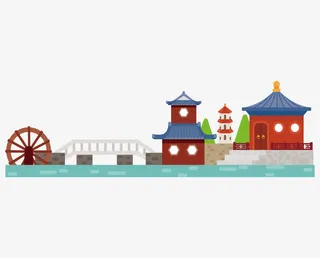 水边古代房屋和水车免抠