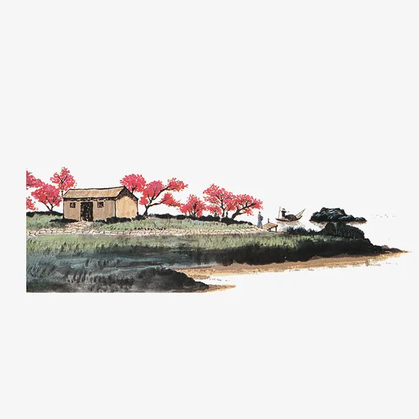 中国风国画水墨村庄免抠