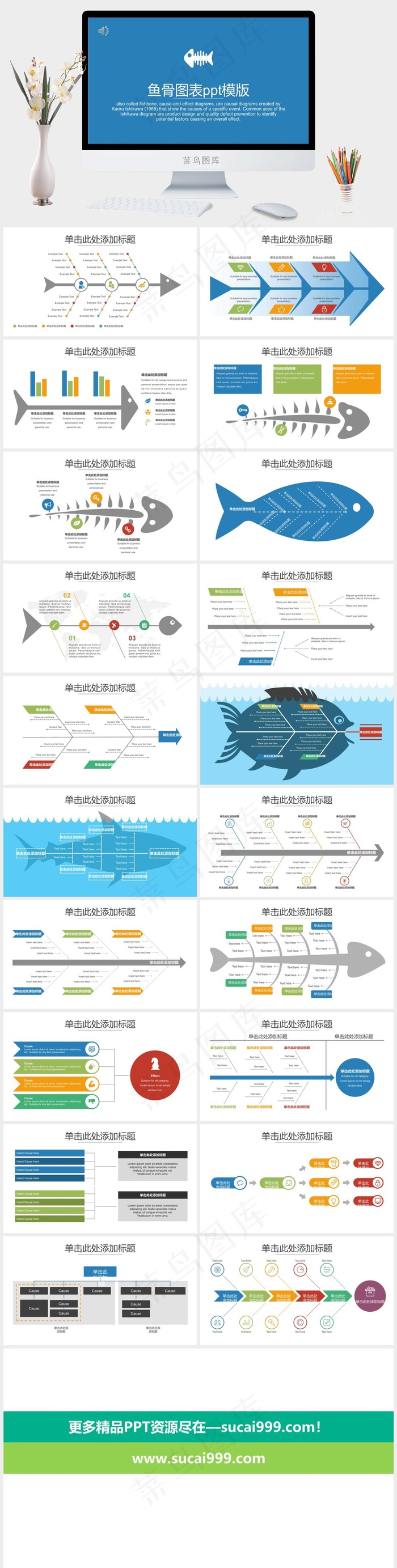 鱼骨形状数据统计ppt模版图表蓝色营销简洁PPT模板蓝色营销简洁PPT模板