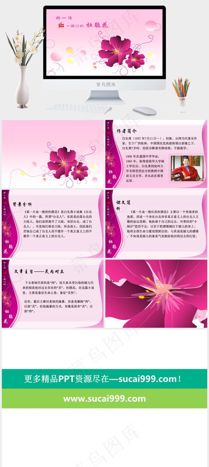红色杜鹃花ppt模板红色白色柔美PPT模板
