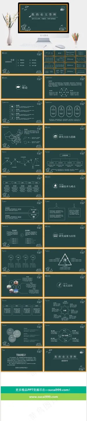 黑板主题粉笔字论文答辩ppt模板青色卡通风PPT模板预览图
