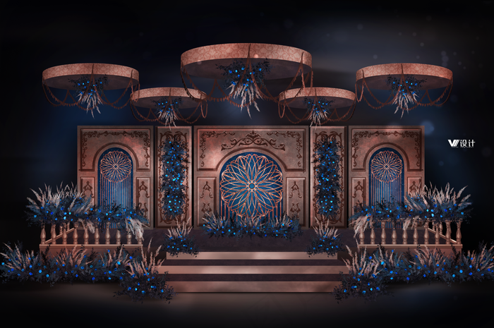 蓝咖撞色复古法式宫廷婚礼效果图图片