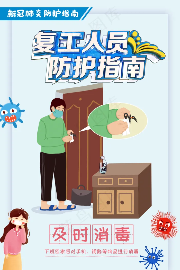 复工人员防护指南及时消毒海报图片(4567×6851像素(200dpi))psd模版下载