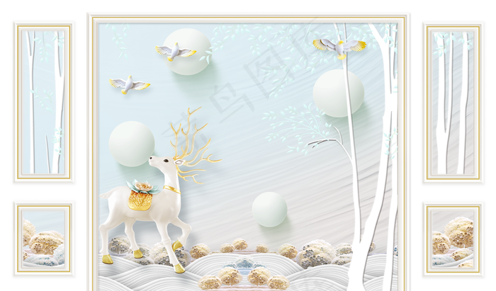 浮雕花 鹿 鸽子 背景墙图片(9638x5669)psd模版下载