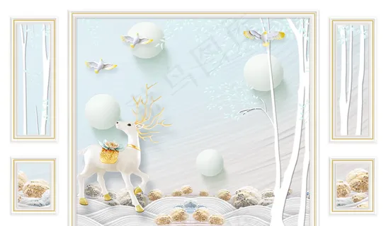 浮雕花 鹿 鸽子 背景墙图片 浮雕花 鹿 鸽子 背景墙图片