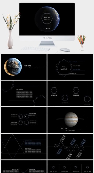 地球全景图极简细线几何图形创意航天科研科技工作总结ppt模板黑色硬朗简洁PPT模板预览图