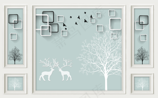 麋鹿 方框 树 森林 造型图片