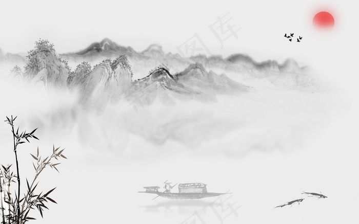 水墨山水背景图片(1920x1200)psd模版下载