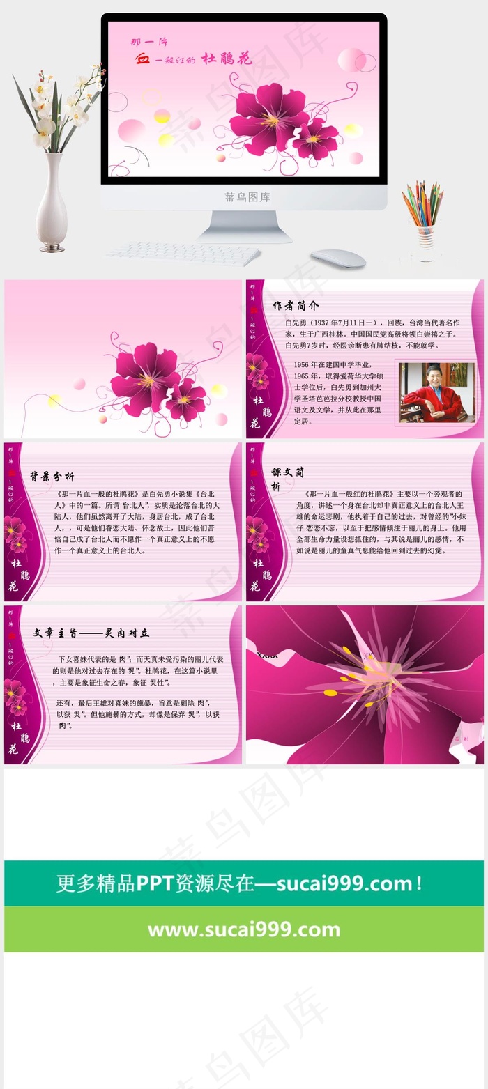 春天怒放的杜鹃花ppt模板红色白色柔美PPT模板