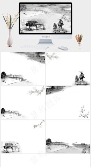 水墨春天灰色中国风PPT模板预览图
