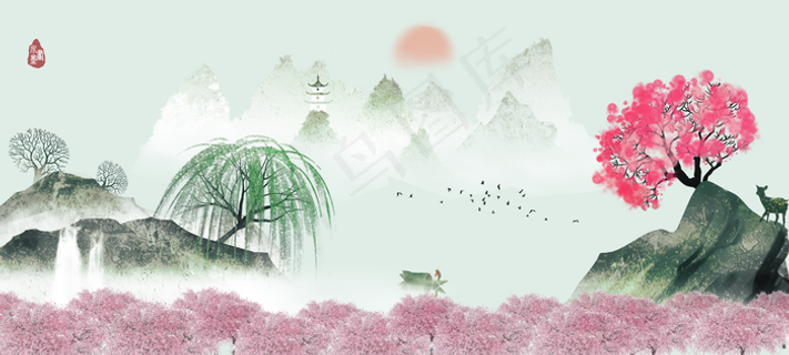 古风山水意境淡雅背景素材图片