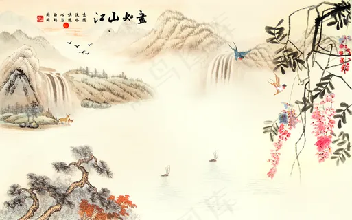 山水画 松树 江山如画 背景墙图片 山水画 松树 江山如画 背景墙图片
