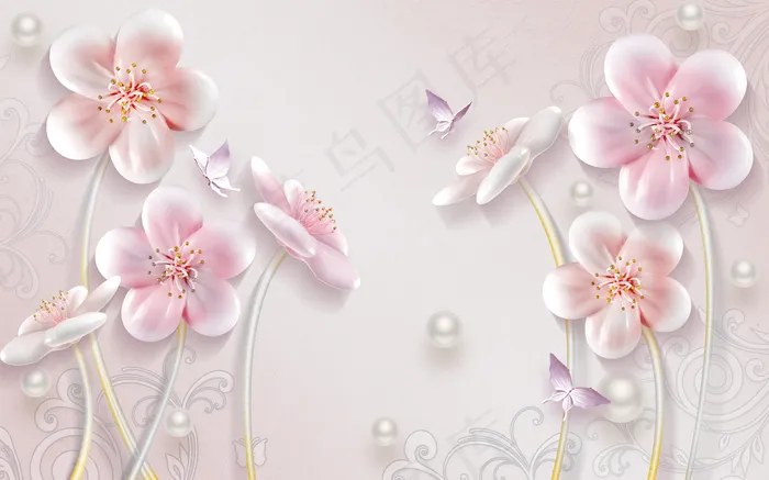 浮雕花 荷花 蝴蝶 背景墙图片(9071x5669)psd模版下载