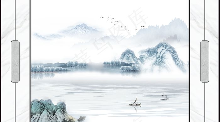 水墨山水树林小船大理石纹背景墙图片