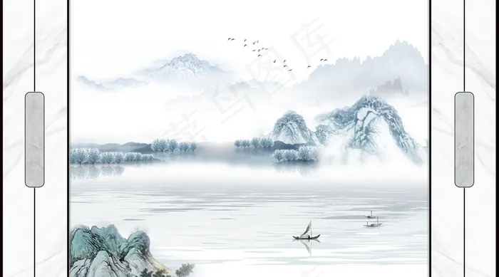水墨山水树林小船大理石纹背景墙图片(10205x5669)psd模版下载