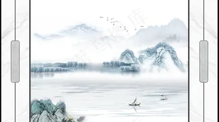 水墨山水树林小船大理石纹背景墙图片