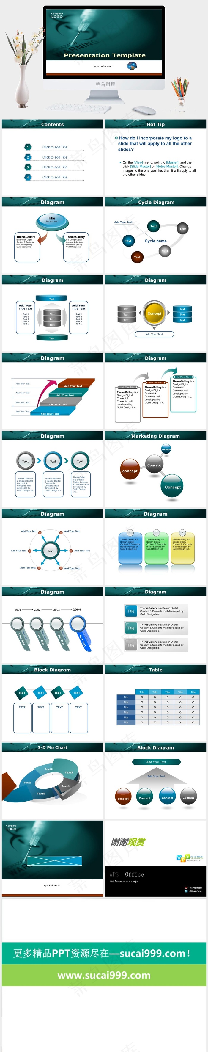 针头医疗业商务模板青色突出简洁PPT模板