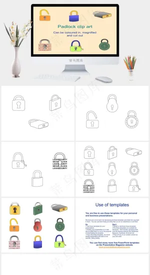 挂锁剪贴画的幻灯片模板橘色橙色卡通风PPT模板预览图