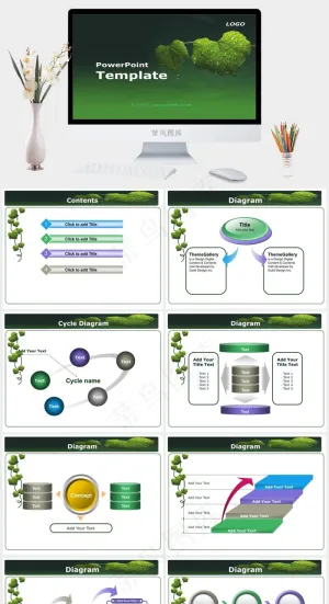 绿叶水珠PPT灰色简洁PPT模板预览图