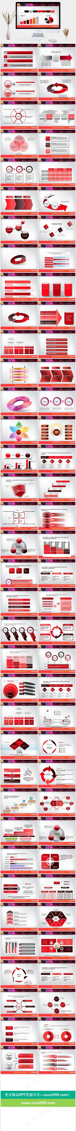 红色幻灯片图表大全灰色营销PPT模板预览图
