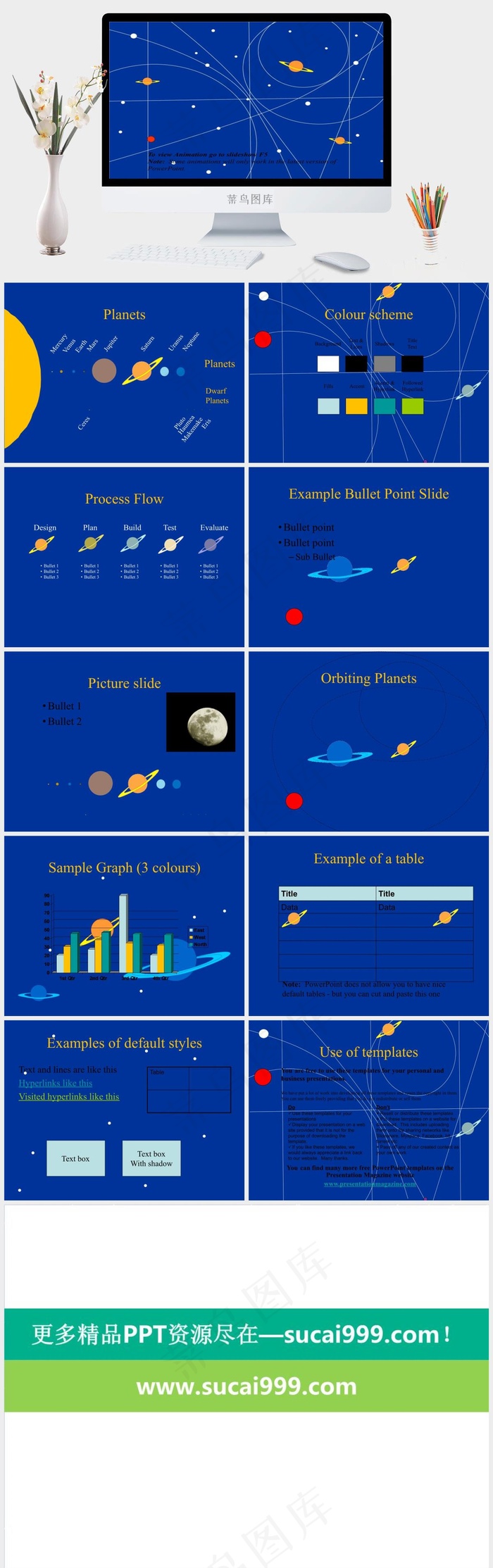 行星图片蓝色卡通风PPT模板