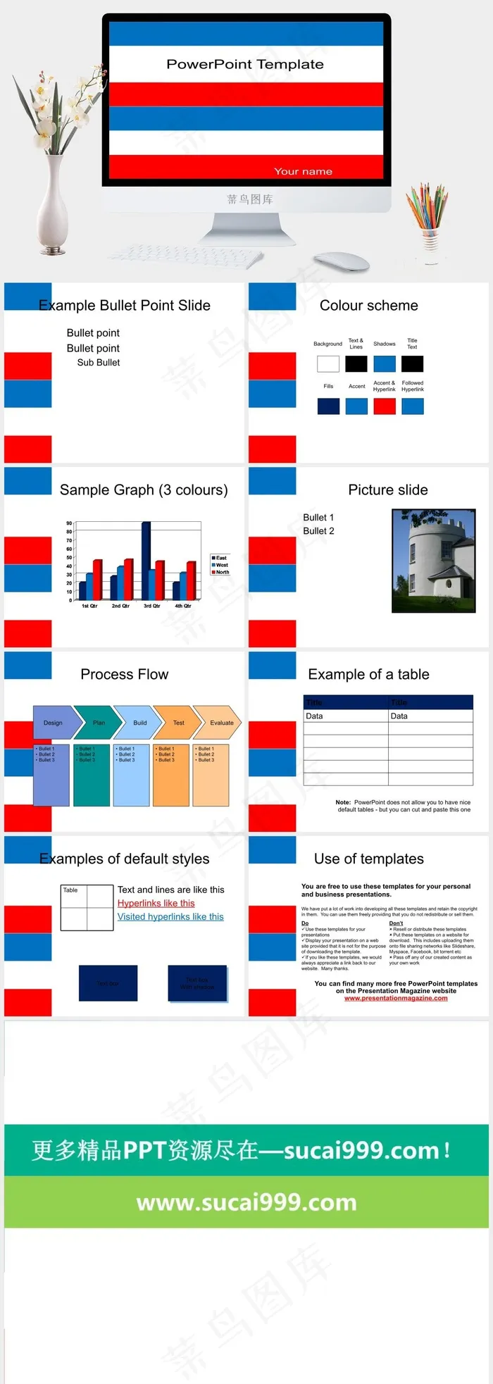 红色，白色和蓝色模板白色蓝色营销PPT模板