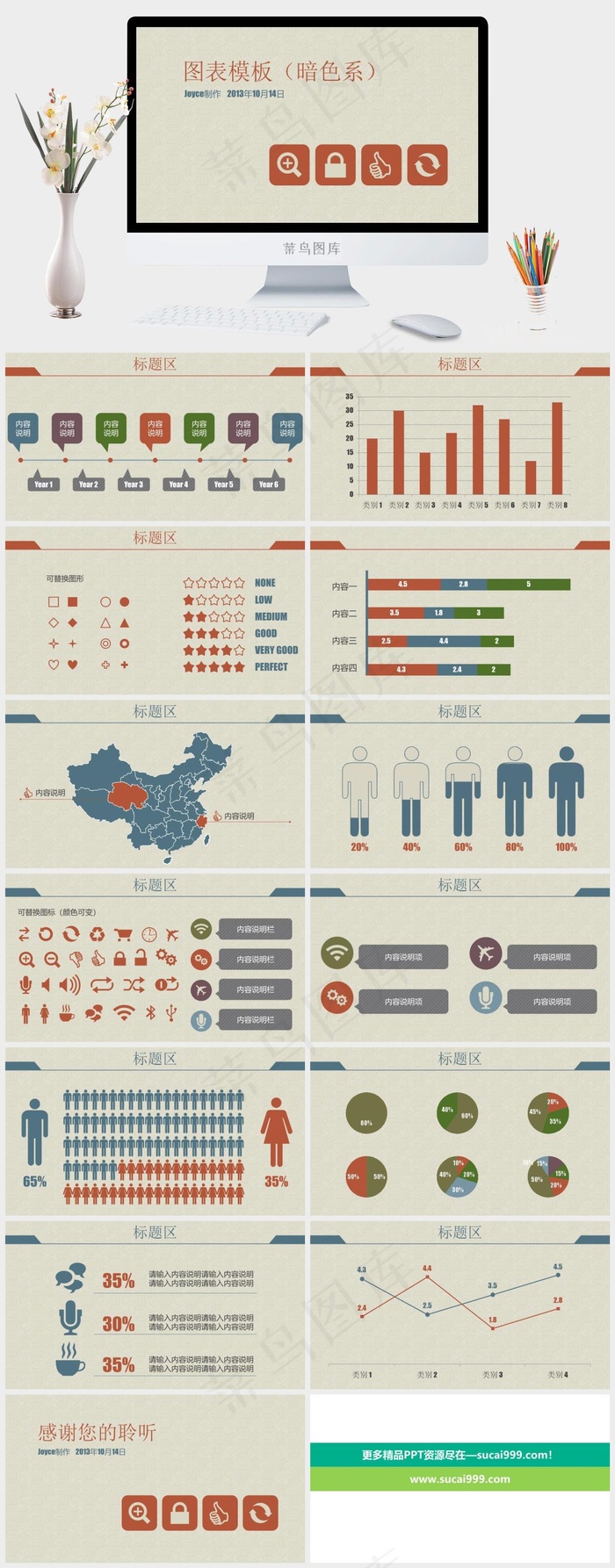 14页复古暗色调PPT图表灰色简洁营销PPT模板