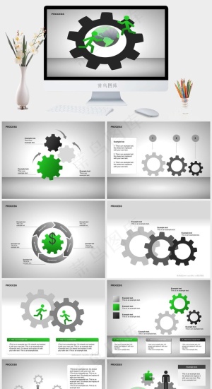 精美的绿色小人与工业齿轮PPT背景...灰色简洁PPT模板