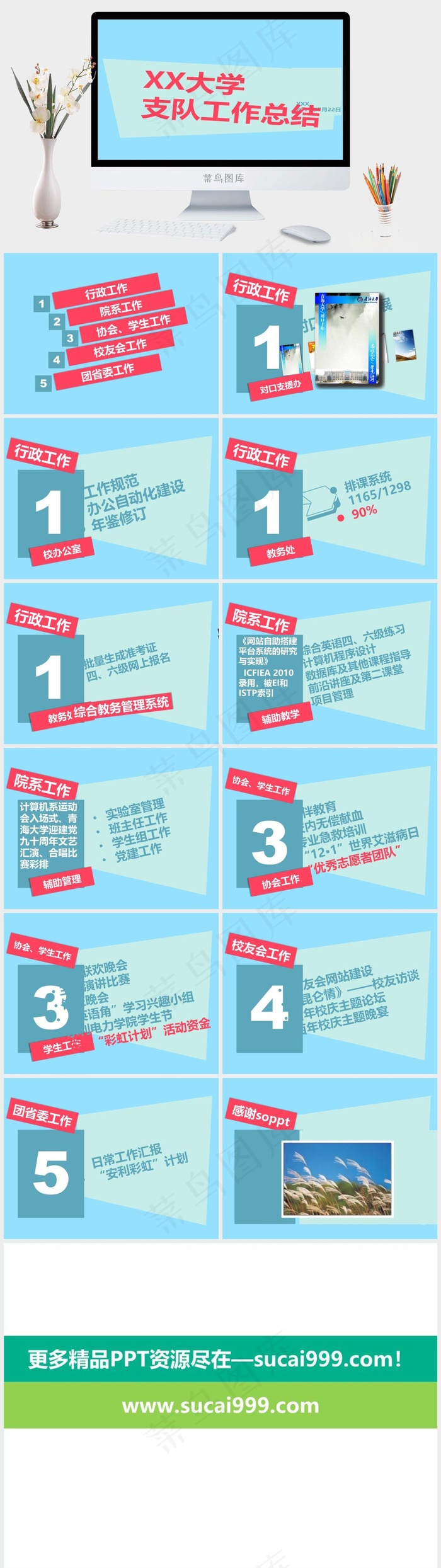 大学机构介绍PPT模板工作总结总结蓝色青色营销简洁PPT模板