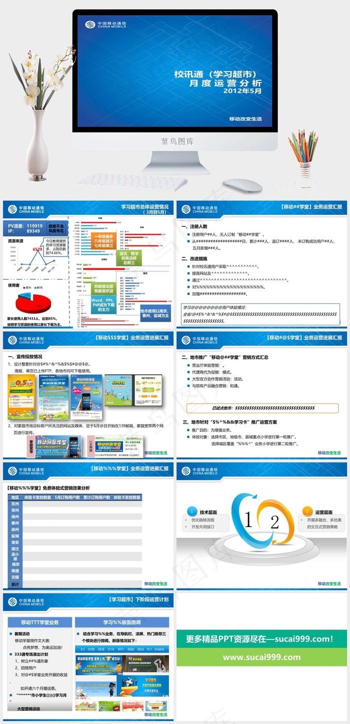 中国移动校讯通月度运营分析报告PP...蓝色简洁PPT模板