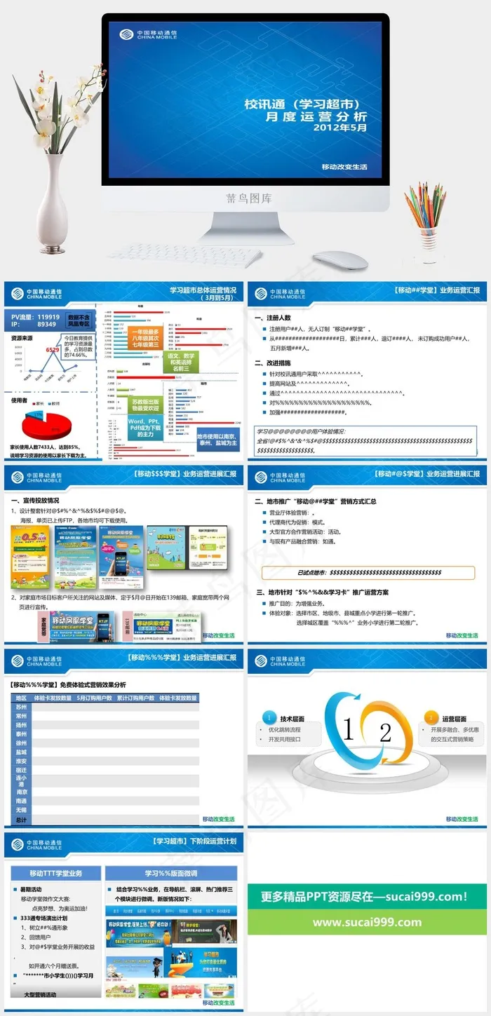 中国移动校讯通月度运营分析报告PP...蓝色简洁PPT模板