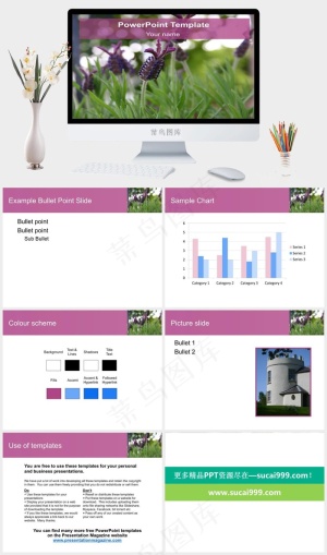 紫色的花的PPT模板绿色实景风PPT模板