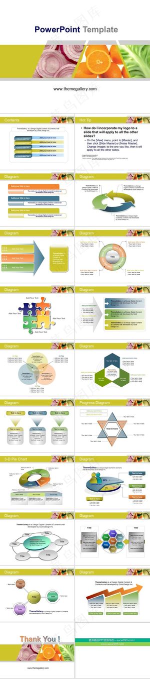 水果蔬菜绿色边框系列PPT模板白色营销PPT模板