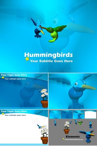 蓝色展翅的针锋鸟青色简洁PPT模板