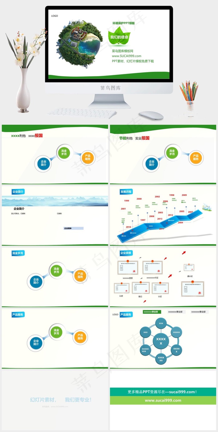 绿色地球环保PPT模板白色标准PPT模板