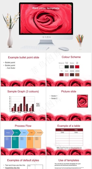 红白玫瑰背景商务PPT模板红色突出PPT模板预览图