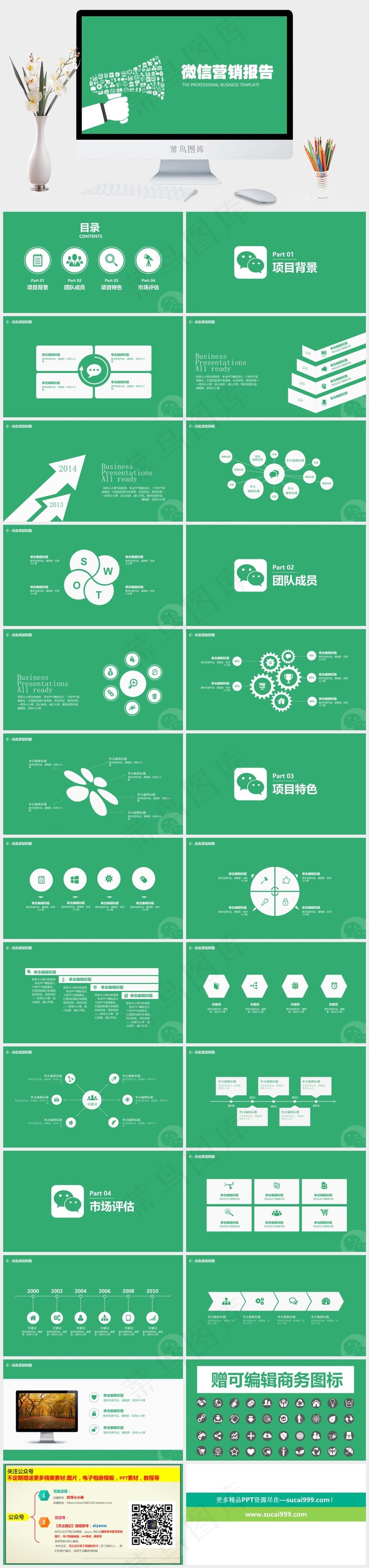 微信营销报告商业策划计划书PPT模...绿色卡通风简洁PPT模板