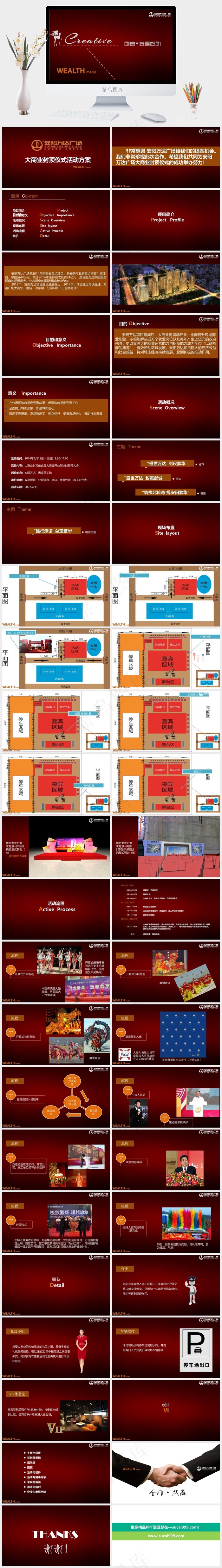 安阳万达广场大商业封顶仪式方案红色营销PPT模板