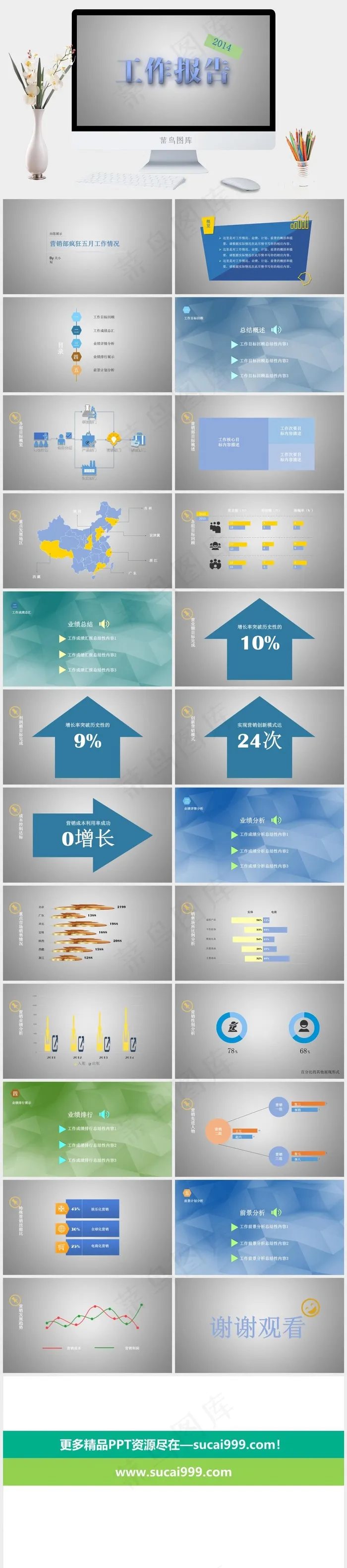 Facebook蓝色调商务风工作报...灰色简洁营销PPT模板