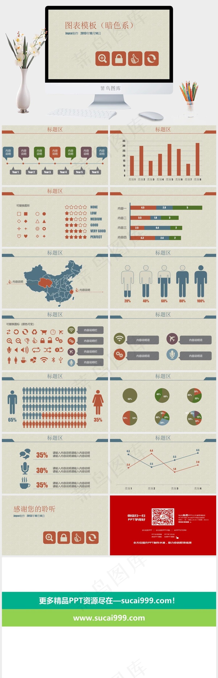 多图表暗色复古PPT模板灰色简洁营销PPT模板