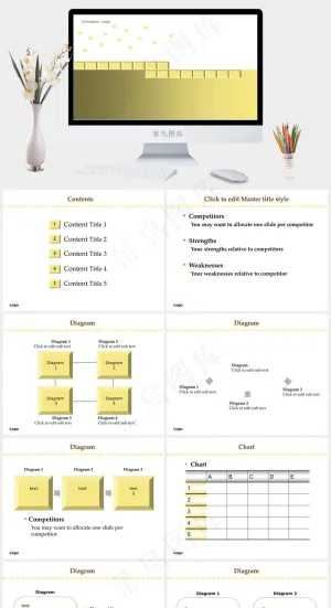 金黄色方块商务PPT模板白色简洁突出PPT模板预览图