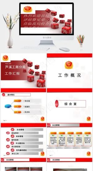 工商年终工作总结PPT素材白色红色营销PPT模板预览图